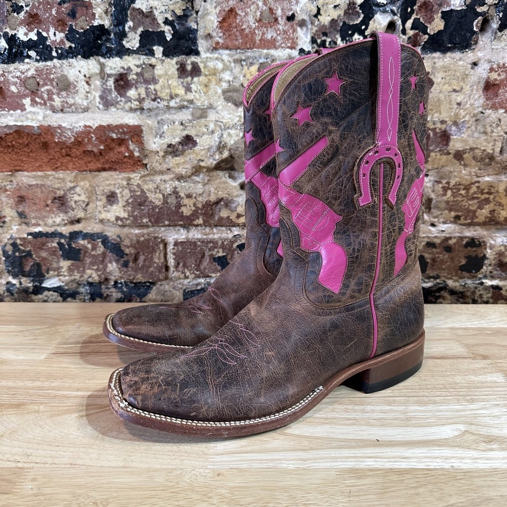 Macie Bean Brown Pink Double Pistols Leather Western Cowboy Boot  Size 10M